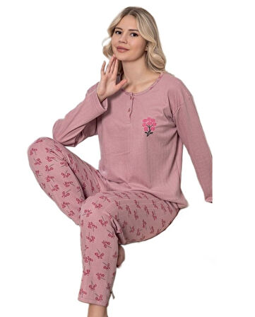 Velluto Soft Fitilli Kumaş Kışlık Kadın Pijama Takımı Yumuşak Dokulu 