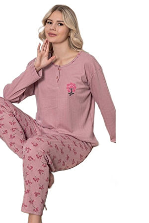 Velluto Soft Fitilli Kumaş Kışlık Kadın Pijama Takımı Yumuşak Dokulu 
