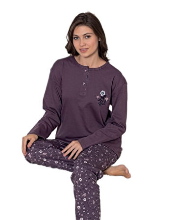 Puray Line Pamuklu İnterlok Kumaş Kışlık Kadın Pijama Takımı