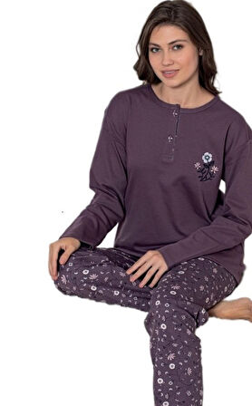 Puray Line Pamuklu İnterlok Kumaş Kışlık Kadın Pijama Takımı