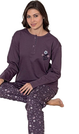 Puray Line Pamuklu İnterlok Kumaş Kışlık Kadın Pijama Takımı