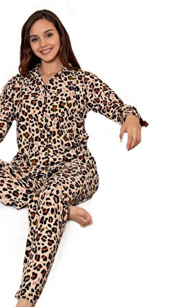 Luna Suede Kışlık Süet Gömlek Yaka Kadın Pijama Takımı M/XXL