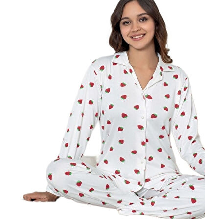 Amory Notte Çilekli Yumuşak Dokulu Gömlek Yaka Kadın Pijama Takımı M/2XL