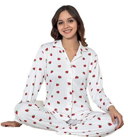 Amory Notte Çilekli Yumuşak Dokulu Gömlek Yaka Kadın Pijama Takımı M/2XL