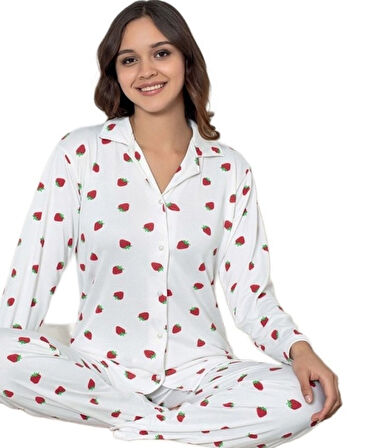 Amory Notte Çilekli Yumuşak Dokulu Gömlek Yaka Kadın Pijama Takımı M/2XL