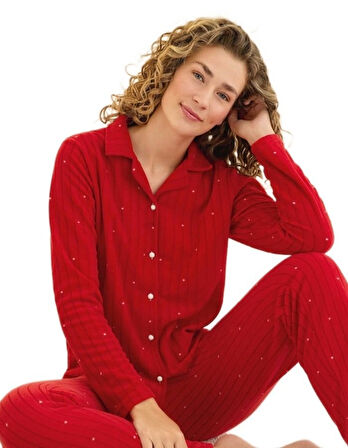 Luna Fiore Polar Kumaş Düğmeli Kışlık Kadın Pijama Takımı S/2XL