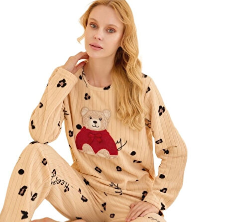 Caldo Notte Fitilli Polar Kumaş Kışlık Kadın Pijama Takımı S/2XL