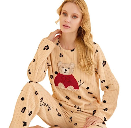 Caldo Notte Fitilli Polar Kumaş Kışlık Kadın Pijama Takımı S/2XL