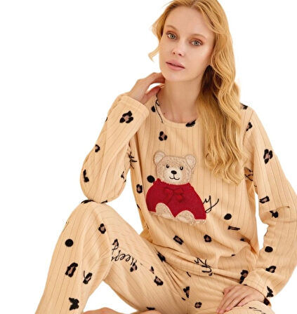 Caldo Notte Fitilli Polar Kumaş Kışlık Kadın Pijama Takımı S/2XL