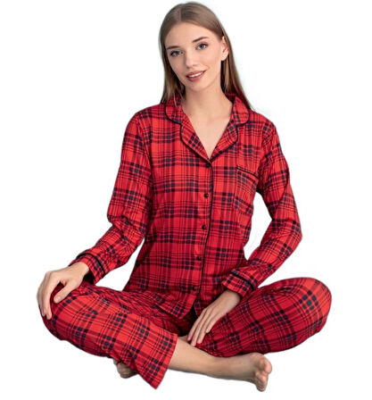 Stella Notte Uzun Kollu Düğmeli Ekose Kadın Pijama Takımı S/2XL