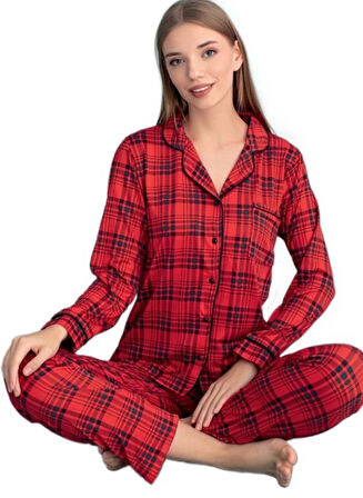 Stella Notte Uzun Kollu Düğmeli Ekose Kadın Pijama Takımı S/2XL