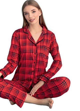 Stella Notte Uzun Kollu Düğmeli Ekose Kadın Pijama Takımı S/2XL