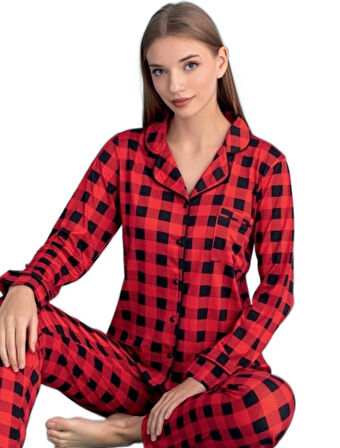 Vita Dolce Yumuşak Kumaş Ekose Kadın Pijama Takımı Tam Kalıp Uzun Kollu S/2XL