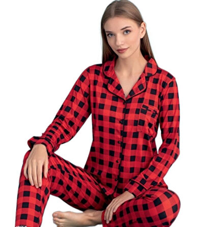 Vita Dolce Yumuşak Kumaş Ekose Kadın Pijama Takımı Tam Kalıp Uzun Kollu S/2XL