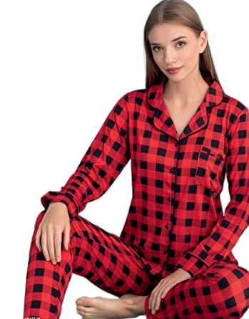 Vita Dolce Yumuşak Kumaş Ekose Kadın Pijama Takımı Tam Kalıp Uzun Kollu S/2XL