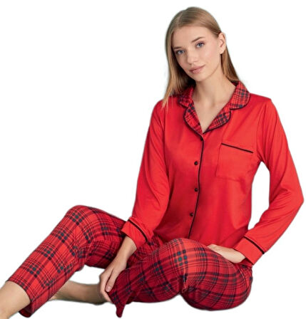 Ekose Love Kadın Pijama Takımı S/2XL  Sıcak ve Konforlu