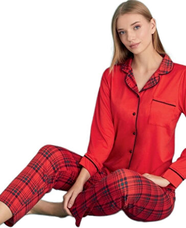 Ekose Love Kadın Pijama Takımı S/2XL  Sıcak ve Konforlu