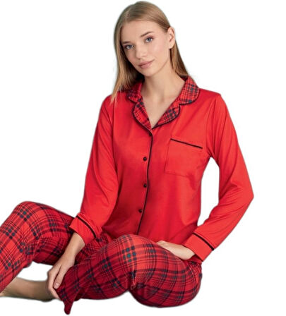 Ekose Love Kadın Pijama Takımı S/2XL  Sıcak ve Konforlu