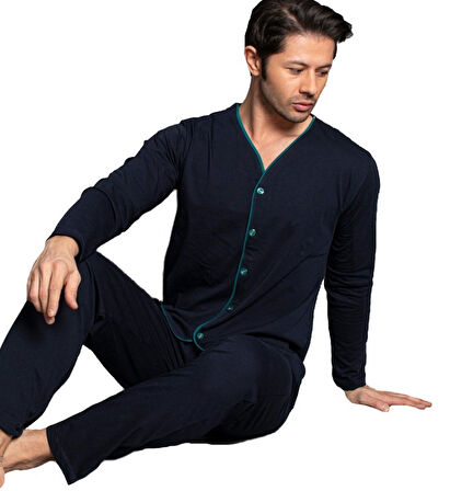 Marco Leone Kışlık İnterlok Kumaş Önden Düğmeli Erkek Pijama Takımı M–2XL