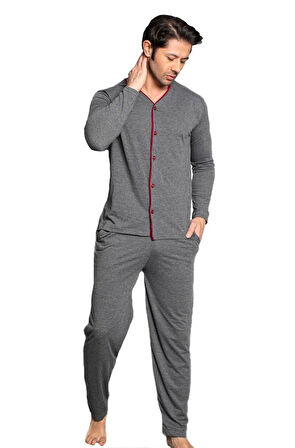 Norde Premium Penye İnterlok Kumaş Kışlık Önden Düğmeli Erkek Pijama Takımı M/2XL