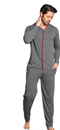 Norde Premium Penye İnterlok Kumaş Kışlık Önden Düğmeli Erkek Pijama Takımı M/2XL
