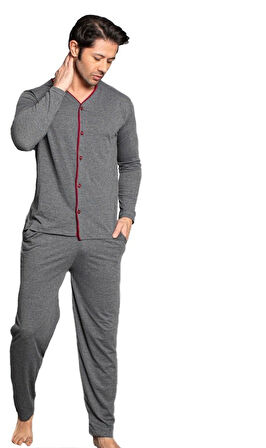 Norde Premium Penye İnterlok Kumaş Kışlık Önden Düğmeli Erkek Pijama Takımı M/2XL
