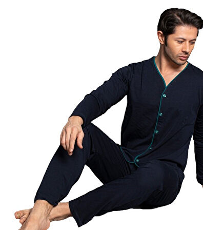 Norde Premium Penye İnterlok Kumaş Kışlık Önden Düğmeli Erkek Pijama Takımı M/2XL