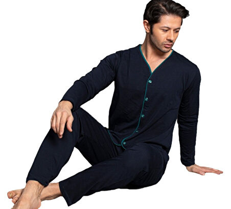 Norde Premium Penye İnterlok Kumaş Kışlık Önden Düğmeli Erkek Pijama Takımı M/2XL
