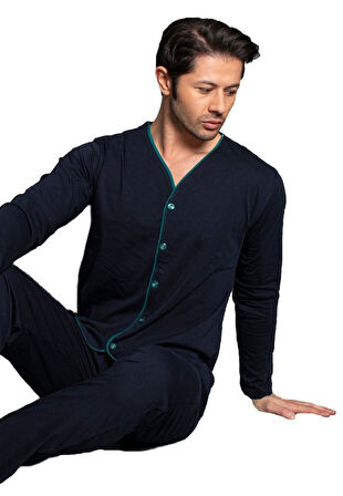Norde Premium Penye İnterlok Kumaş Kışlık Önden Düğmeli Erkek Pijama Takımı M/2XL