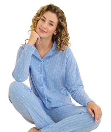  Cozy Polar Kumaş Düğmeli Kışlık Kadın Pijama Takımı S/2XL Yumuşak Tam Kalıp Ev Giyim