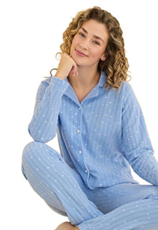  Cozy Polar Kumaş Düğmeli Kışlık Kadın Pijama Takımı S/2XL Yumuşak Tam Kalıp Ev Giyim