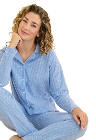 Cozy Polar Kumaş Düğmeli Kışlık Kadın Pijama Takımı S/2XL Yumuşak Tam Kalıp Ev Giyim