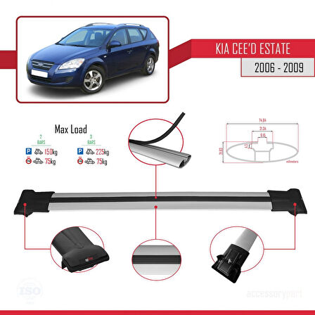 Kia Ceed (ED) SW Pre-Facelift 2006-2009 Arası ile Uyumlu FLY Model Ara Atkı Tavan Barı Gri 2 Adet