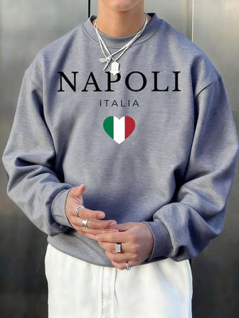 Napoli İtalya Mektup Ve Bayrak Baskı Erkek Kazak Bisiklet Yaka Rahat Kazak Sonbahar Sokak Şık