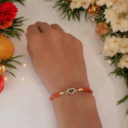 14 Ayar Altın Plakalı Aşk Sembollü Kalp Motifli Doğal Turuncu Derili Hediye Bileklik-434