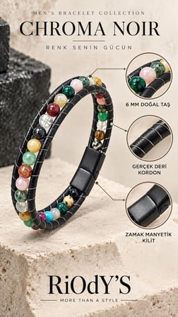 RiOdY’S 6 mm Çakra Akik Doğal Taşlı Siyah Deri Erkek Bileklik – Zamak Manyetik Kilitli