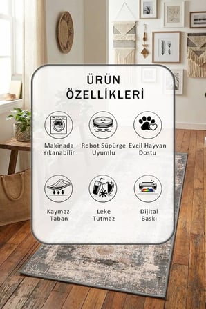 Kirman Krem Yıkanabilir Yolluk Halı Kaymaz Taban Salon Mutfak