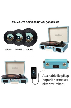 Record Master T310CH Şarj Özellikli Pikap - 33, 45, 78 Devir T310CH- MAVİ (TURKUAZ)*ÜCRETSİZ KARGO