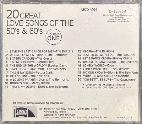 (Müzik CD sidir Plak Değildir) CD 20 Great Love Songs Of The 50's And 60's CD