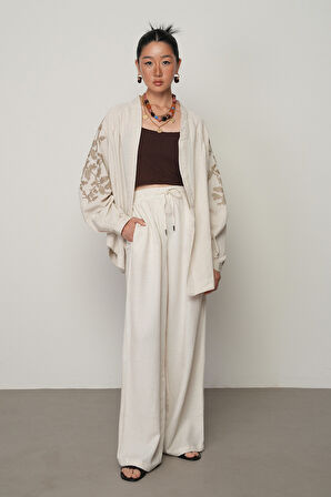 KADIN NATUR RENK DÜZ BOL PAÇA BELİ LASTİKLİ PANTOLON