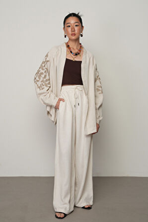 KADIN NATUR RENK DÜZ BOL PAÇA BELİ LASTİKLİ PANTOLON