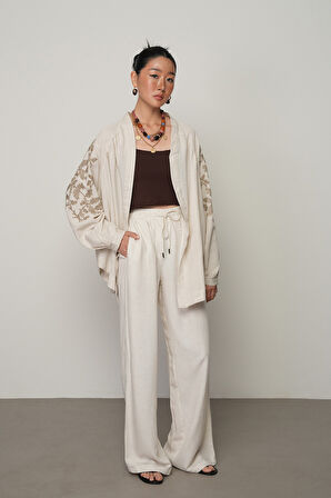 KADIN NATUR RENK DÜZ BOL PAÇA BELİ LASTİKLİ PANTOLON