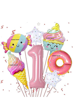 Pembe Donut numaraları folyo balonlar şeker Pentagram gökkuşağı dondurma Set 7 PARÇA
