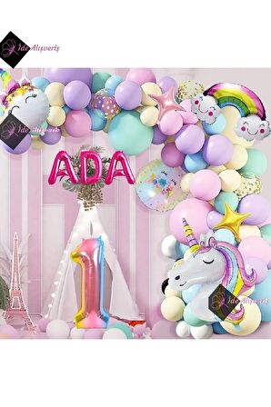 1 Yaş Ve 3 Harfli Gökkuşağı Konsepti Unicorn Temalı Makaron Balon Doğum Günü Parti Kutlama Seti