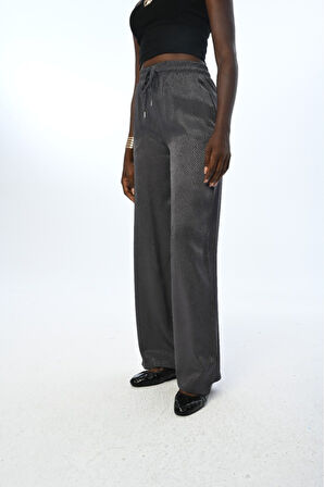 KADIN BELİ LASTİKLİ BOL PAÇA ANTRASİT RENK DESENLİ PANTOLON