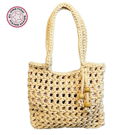 Uretti - Emine 9106 El Örgüsü Ahşap Boncuk Detaylı Penye Kumaş Omuz Çantası