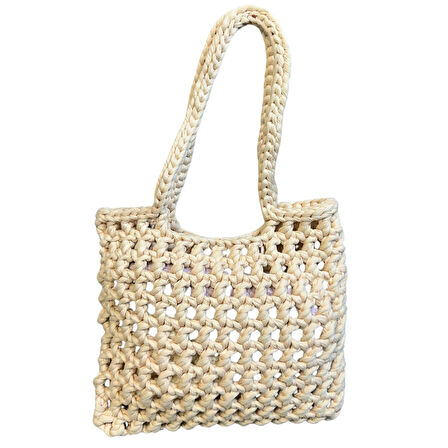 Uretti - Emine 9106 El Örgüsü Ahşap Boncuk Detaylı Penye Kumaş Omuz Çantası