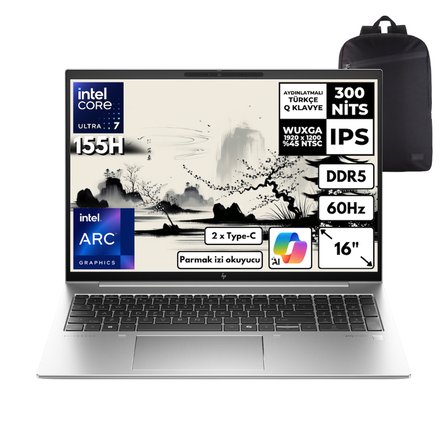 HP Elitebook 860 G11 Ultra 7-155H 32-GBDDR5 512 GBSSD Intel Arc Graphics 16" WUXGA Windows 11 Pro + HMF Sırt Çantası 970P0ETHMF20