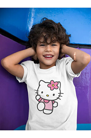 Hello Kitty Baskılı Unisex Çizgi Film Çocuk Tişört (1-12 YAŞ)