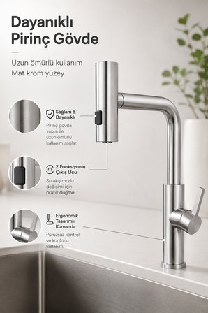 3 Fonksiyonlu Spiralli Mutfak Evye Bataryası Mat Krom Çekilebilir Başlıklı Şelale Akışlı Batarya